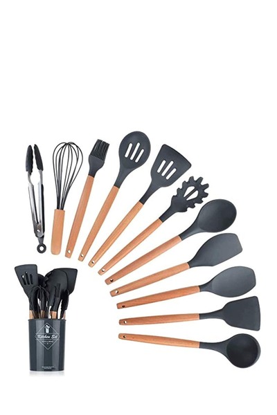 ALMUFARREJ مجموعة ملاعق سيليكون مكونة من 12 قطعة بمقبض خشبي لأدوات المطبخ