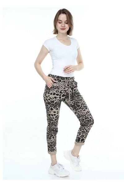 AYASOFYA OTANTIK Women's Italian Beige Leopard Pattern Waist Tied Skinny Trousers