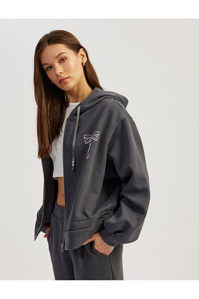 Koton Raised Long Sleeve Hooded Zippered Back Printed Sweatshirt