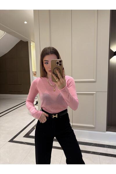 CKBUTİK QS Pembe Bisiklet Yaka Transparan Bluz - 241025