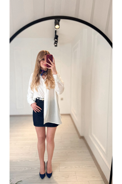 Store Oversize Kol Cut Out Detaylı Keten Gömlek - Beyaz