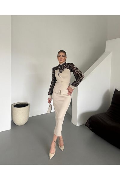 1Moda1Tarz Γυναικείο φόρεμα ειδικής σχεδίασης με λεοπάρ ύφασμα εισαγωγής με λεπτομέρεια με κουμπιά