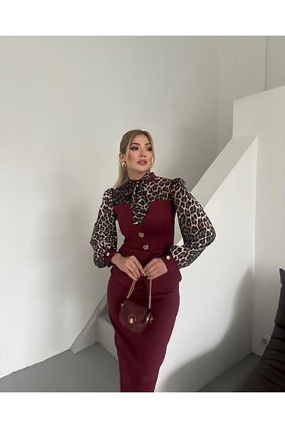 1Moda1Tarz Women's Imported Fabric Leopard Pattern Button Detailed Lined Special Design Dress