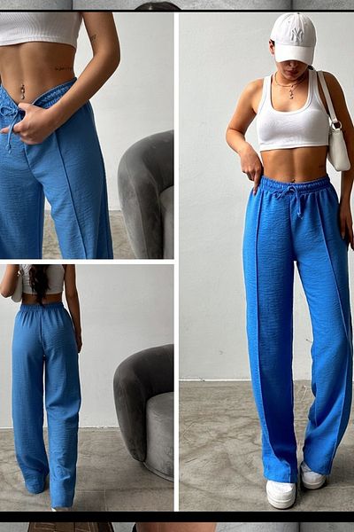 ESSFASIHON Pantaloni largi din in, cu talie elastică