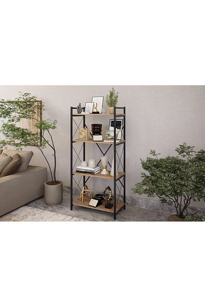 Golden Bark رفوف تخزين سهلة التركيب مكونة من 4 رفوف خشبية وإطار معدني 30*67*150