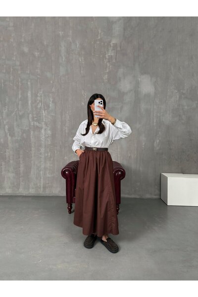 nizzell Women's Long Skirt Poplin Fabric Equivalent Skirt with Pockets and Elastic Waist