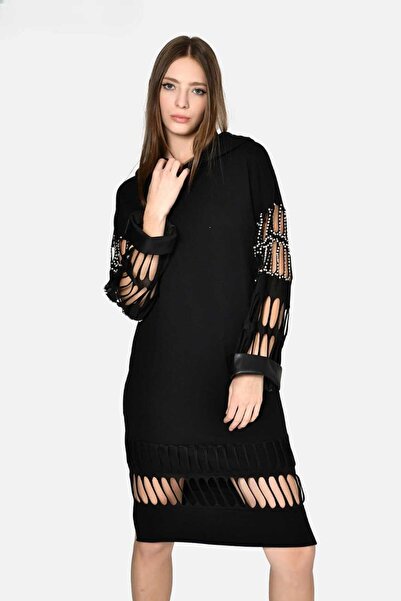 MODA File Kol Detay Taş İşlemeli Deri Detaylı Penye tasarım model Kapüşonlu Elbise