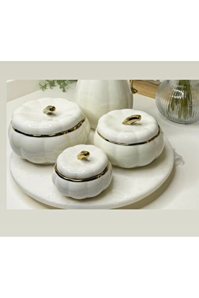 Lavin EVİMSAHANE BAL KABAĞI PORSELEN DEKORTAİF KAPAKLI 3’lü KASE SETİ BEYAZ