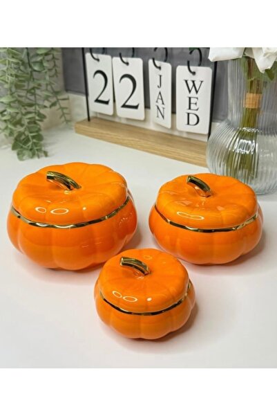 Lavin EVİMSAHANE BAL KABAĞI PORSELEN 3’lü DEKORATİF KAPAKLI KASE TURUNCU