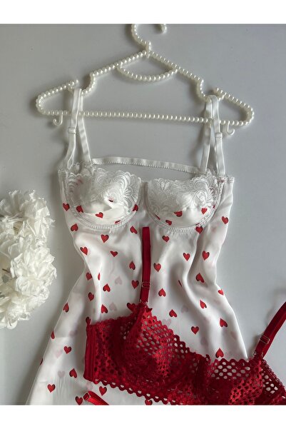 ELORİA Cămașă de noapte din satin cu broderie roșie și inimă, set minunat pentru poșta de mireasă