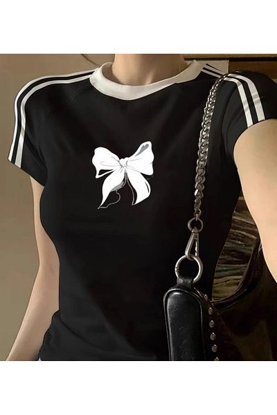 Touz Moda Crop Cut - Κορδέλα με στάμπα με διπλή ρίγα μπλούζα κορμάκι
