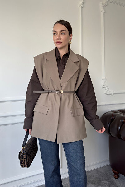 MAGARDE Mink Fabric Shoulder Padded Vest - Belted