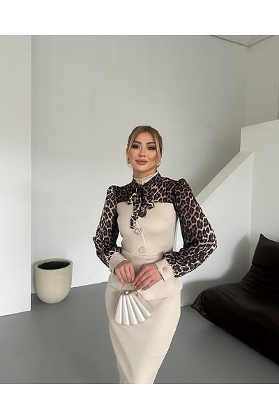 1Moda1Tarz Γυναικείο φόρεμα ειδικής σχεδίασης με λεοπάρ ύφασμα εισαγωγής με λεπτομέρεια με κουμπιά
