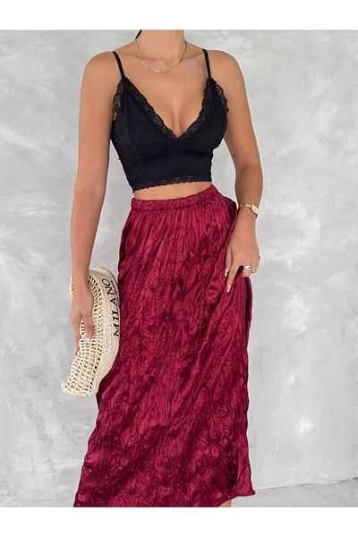 Cistern İstanbul Women's Black Cropped Long Satin Skirt