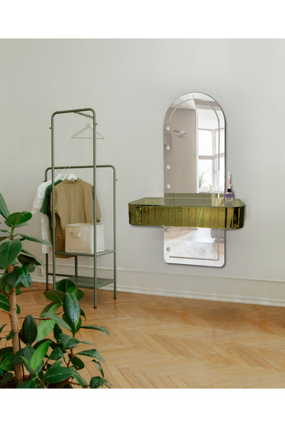 ERGLASS CAM Sese Duyarlı Rgb Led Işıklı **gold Ayna Çekmeceli**aynalı Dresuar...