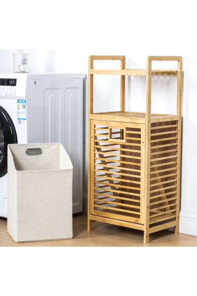 OLİVYA Bambu Kirli Sepetli 2 Raflı Çok Amaçlı Banyo Düzenleyici Çamaşır Sepet...