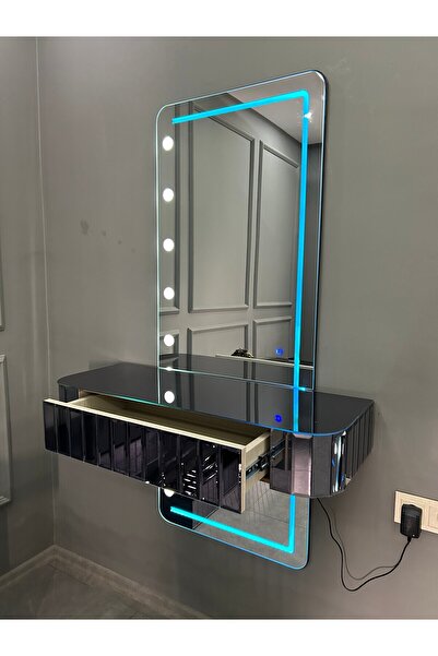 ERGLASS CAM SESE DUYARLI RGB RENK LED IŞIKLI ** FÜME AYNA ÇEKMECELİ ** AYNALI DRESUAR SETİ MAKYAJ MASASI AYAKSIZ