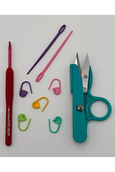 kumasfabrik Shuma 3,5mm Silikon Saplı Tığ+Makas+5 Adet İlmek işaretleyici +2 Adet Plastik İğne