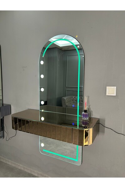 ERGLASS CAM SESE DUYARLI RGB LED IŞIKLI ** BRONZ AYNA ÇEKMECELİ ** AYNALI DRESUAR SETİ MAKYAJ MASASI AYAKSIZ