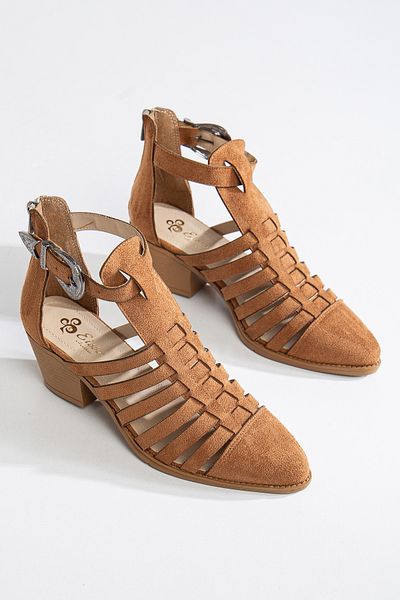 MS SUGAR SHOES Обувки на токчета с катарами и сламена шарка в винтидж стил, кафяви и в цвят сламена