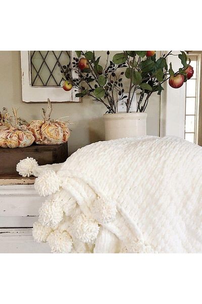 SMYY Pompom Sofa Tv Blanket Hand Knitted Puffy Rope 100X150