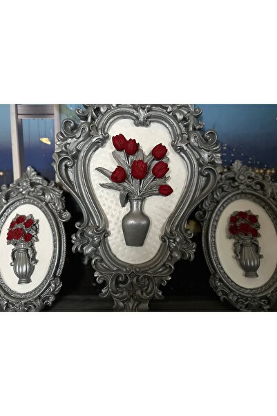 busraconcept Gümüş kırmızı çiçekli duvar tablo 3lü set