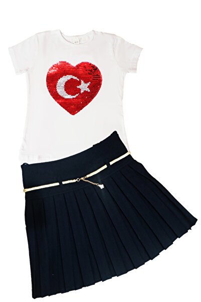 Pastelsnz Ay Yıldız Bayraklı Siyah Pileli Kız Çocuk Takım- 23 Nisan Tören Elb...