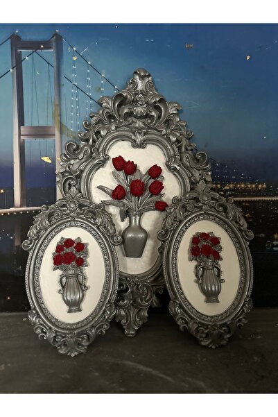 busraconcept Gümüş kırmızı çiçekli duvar tablo 3lü set
