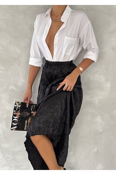 Cistern İstanbul Women's Black Cropped Long Satin Skirt