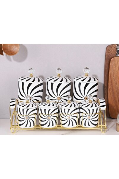 AROW Çırağan Home Siyah Beyaz 7’li Porselen Standlı Baharat Takımı