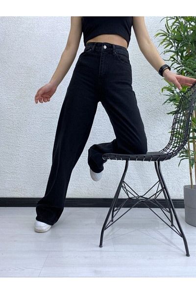 LİMABEL Rukiye Milano Candy Christian 90's Black Lycra Palazzo Loose Leg Super High Waist Jean 2025