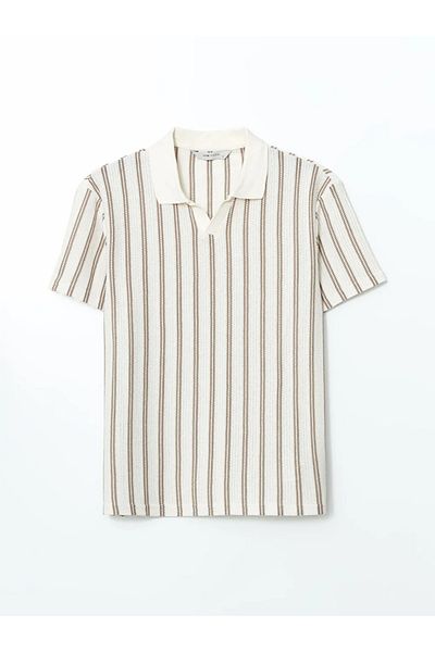 LC Waikiki Ανδρικό μπλουζάκι LCW Vision Beige Polo Collar ριγέ