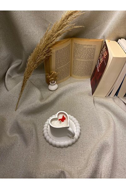 SafHomeDecor Bubble Tabakta Kelebek Desenli Kalpli Fincan ve Vanilya Kokulu Mum