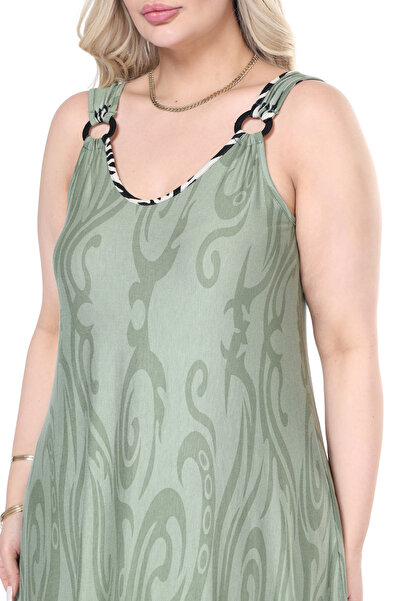 MELSAY Γυναικείο φόρεμα με λουράκι με λαιμόκοψη σε χακί ριγέ σχέδιο σε μεγάλο μέγεθος