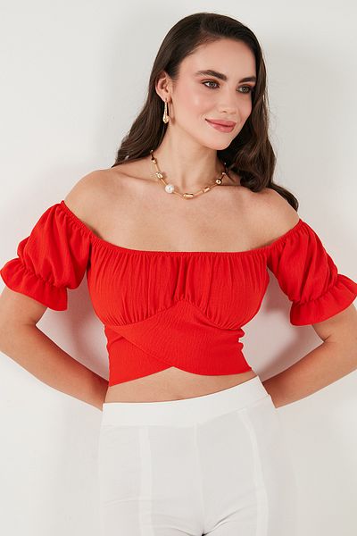 Lela Regular Fit Madonna Collar Lacing Detailed Crop Blouse Bluz 6527017