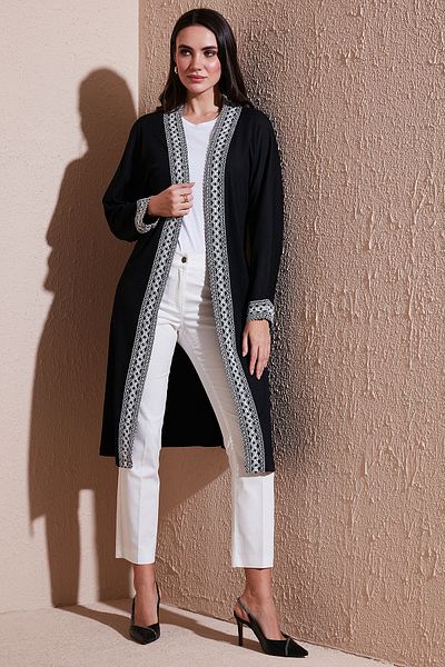 Lela Long Kimono Cardigan - Modest Regular Fit Tie-Up Embroidered Hijab