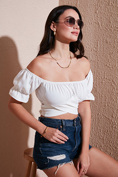 Lela Κανονική εφαρμογή Madonna γιακά με κορδόνια Λεπτομερής Crop Μπλούζα ΜΠΛΟΥΖΑ 6527017