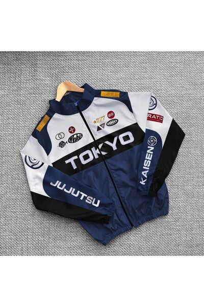 Genel Markalar Unisex Paraşüt Kumaş Oversize Baskılı Siyah Rüzgarlık Yağmurluk