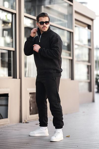 NEAR Black Oversize Long Pendragon Sweatshirt Long Insect Top Comfortable Unisex Cotton Stand Collar Half Zipper