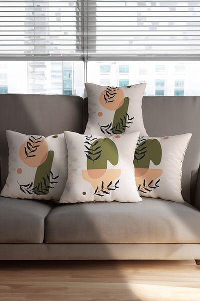 Hayal Dekoratif Nature Themed Floral Patterned Green Cream Colored Digital Printed 4-Piece Sofa Pillow Throw Pillow Case Set