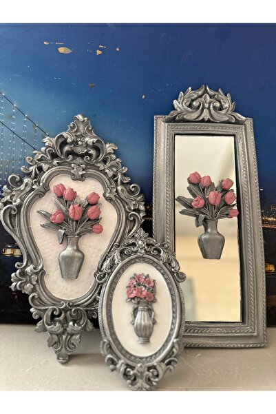 busraconcept Gümüş pembe çiçekli 3 lü tasarım tablo uzun model 50cm avangard model 42cm küçük model 20cmdir
