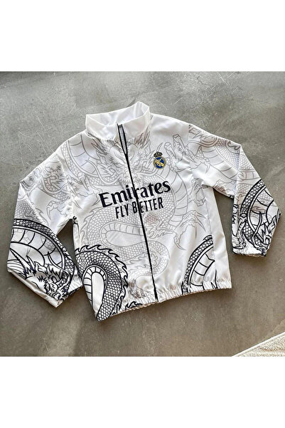 TRS YB GİYİM Unisex White Emirates Fly Better Printed Zippered Raincoat & Windbreaker