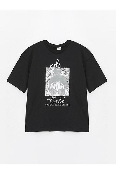 LC Waikiki Tricou cu mânecă scurtă pentru fete cu imprimeu cu gâtul rotund (S4)