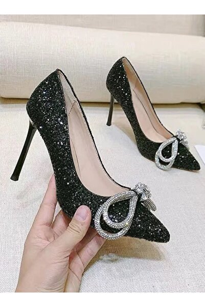 TrendyAnka Lady Princess Siyah Şeffaf Kristal Fiyonk Taşlı Stiletto 9Cm Topuk...