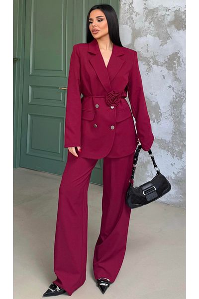 pembekurdelem Burgundy Women's Jacket and Trousers Set - Rose Detailed