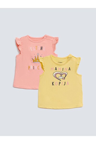 LC Waikiki تي شيرت قطني مطبوع برقبة دائرية للفتيات الصغيرات، عبوة من قطعتين