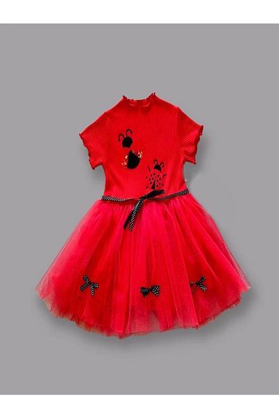 RUBY BOUTİQUE Ladybug Embroidered Ribbon Belt Girl's Dress Red