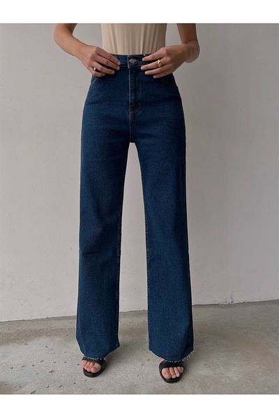 TugsatTasarTekstil Dark Blue High Waist Loose Wideleg Palazzo Jean Women's Lycra Jeans