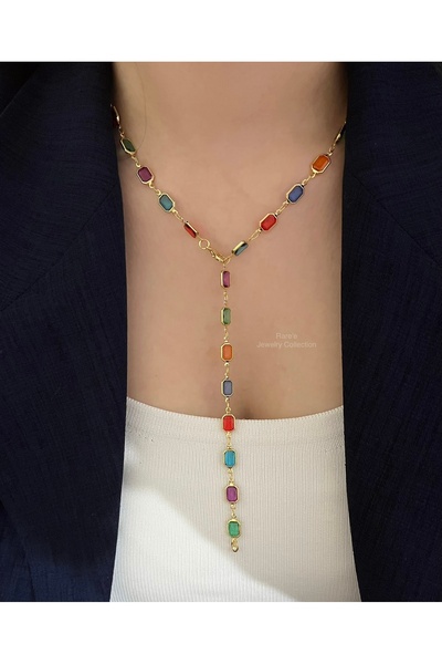 Raree Jewellery Y Kolye Mix Dikdörtgen Taşlı Dekolte Kolyesi 60 Cm