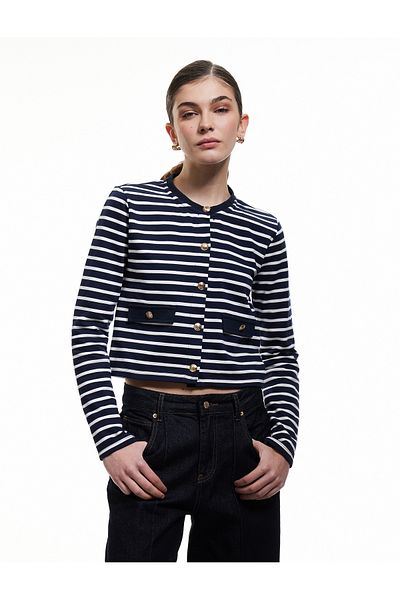 Koton Crew Neck Long Sleeve Buttoned Striped Cardigan